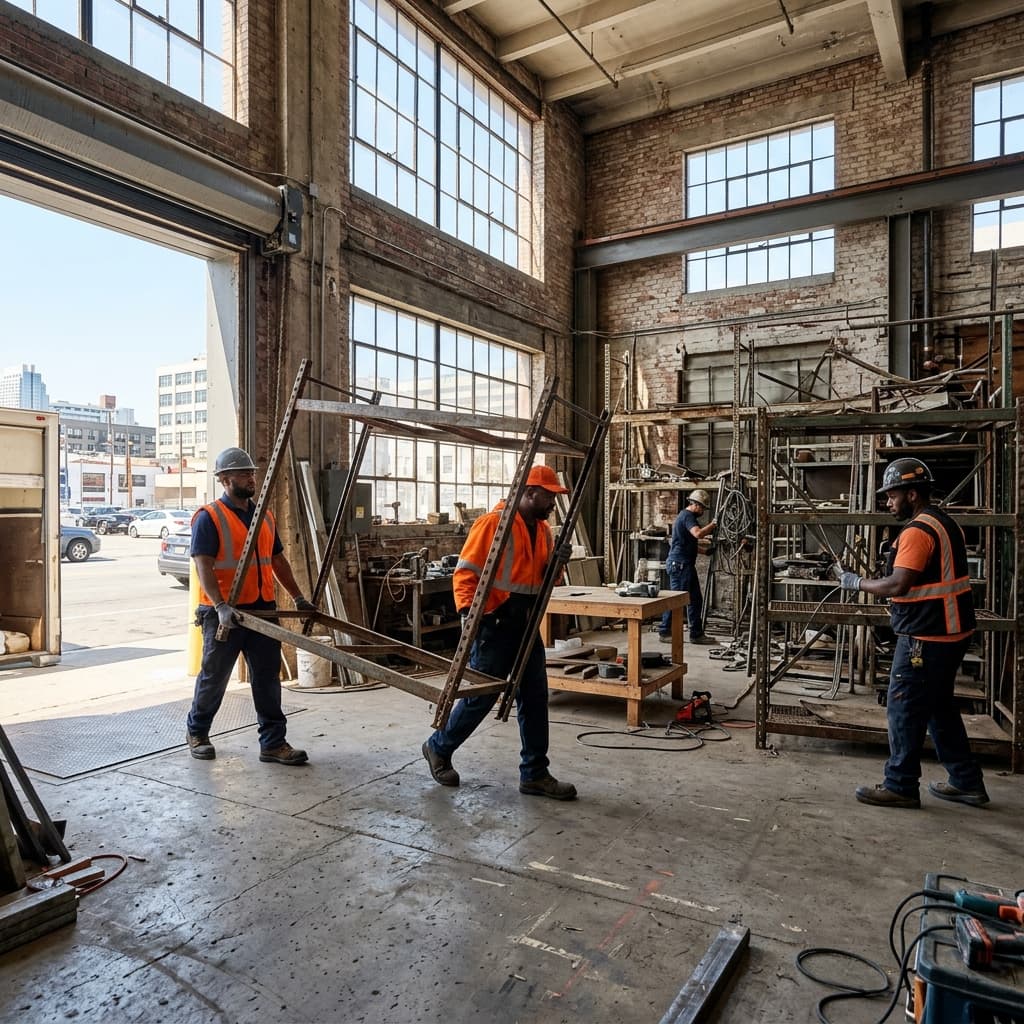 Squadra di operai che smonta e trasporta scaffalature metalliche da un ex spazio industriale in Borgo Rossini