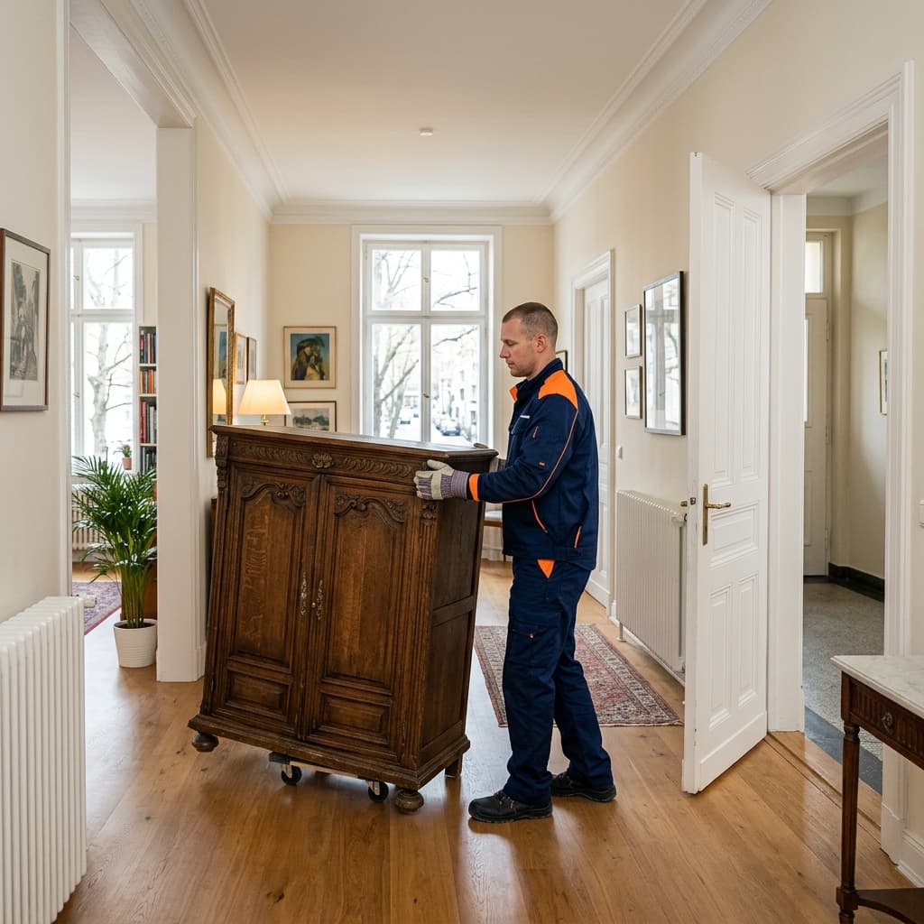 Professionista che ritira con cura un vecchio armadio di legno da un appartamento elegante alla Crocetta