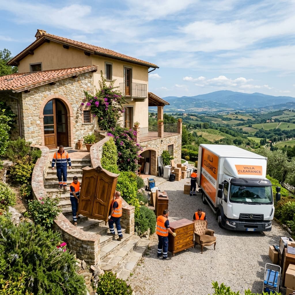 Squadra di sgomberi specializzata che rimuove con attenzione mobili d'epoca da una villa sulla collina di Moncalieri