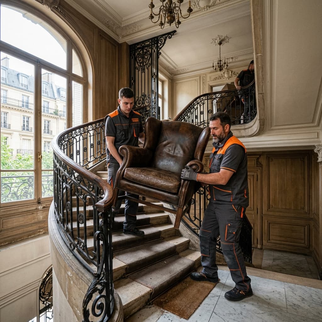 Professionisti dello sgombero che trasportano eleganti poltrone vintage lungo le scale di una palazzina d'epoca